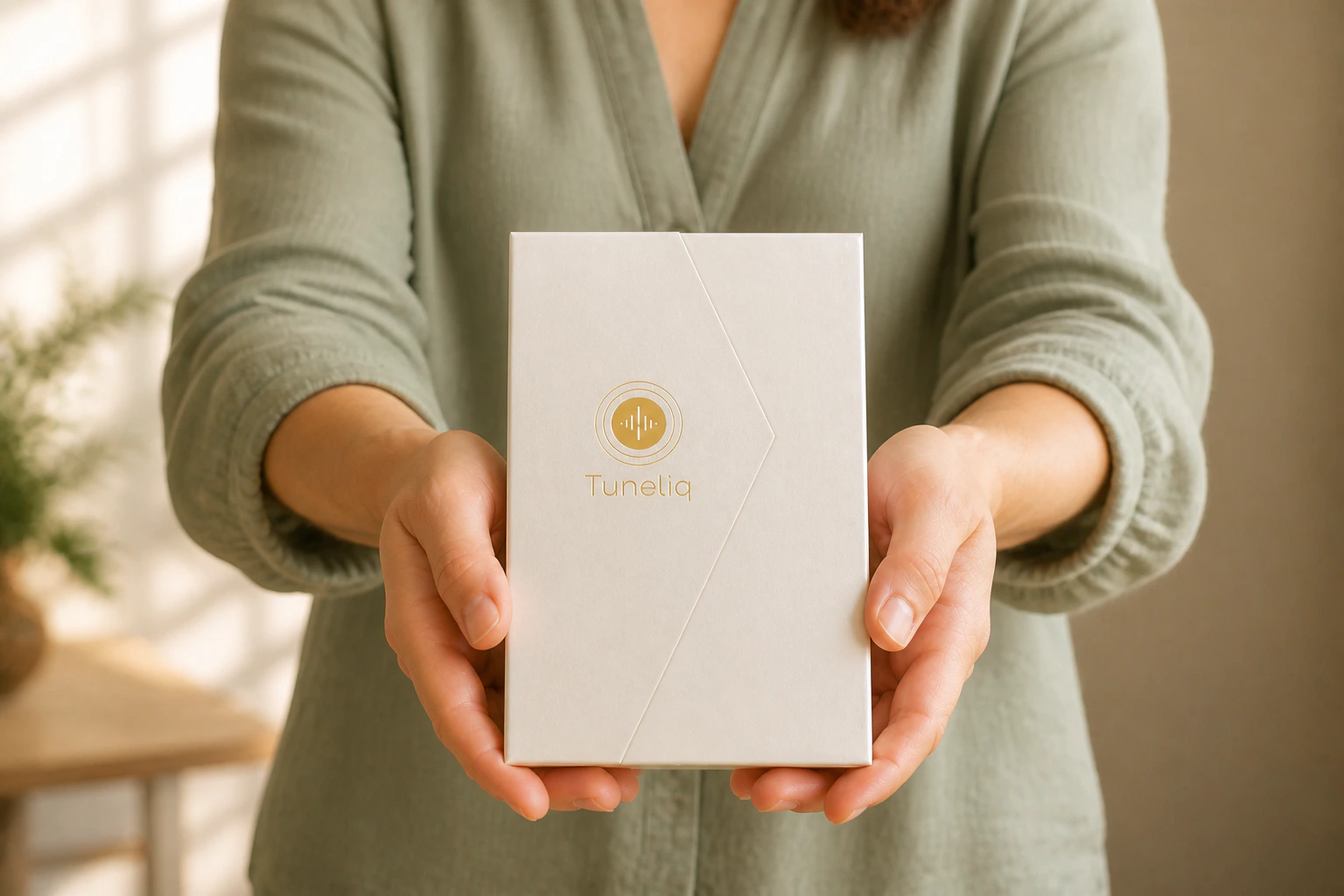 A Tuneliq gift box held out in two hands