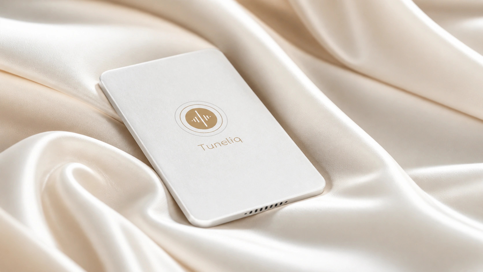 Tuneliq Card resting among soft ivory silk folds
